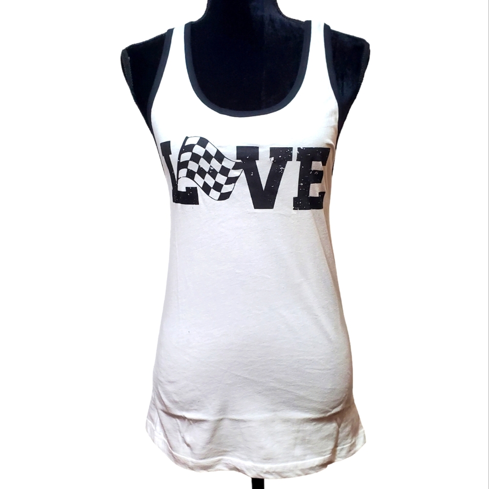 Love racing finish line checkered flag ringer tank top black & white XS